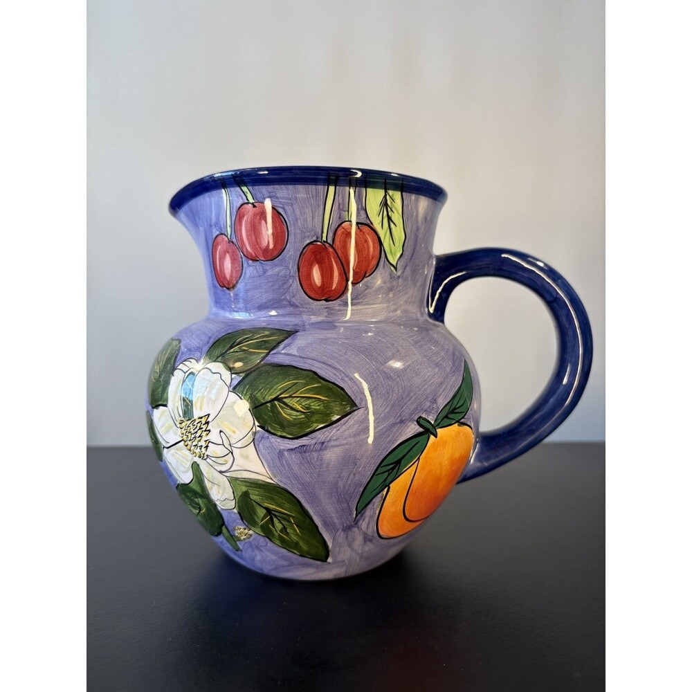 IDC Inspirado Pitcher Magnolias Peaches Cherries Hand Painted Purple 1998 Jug